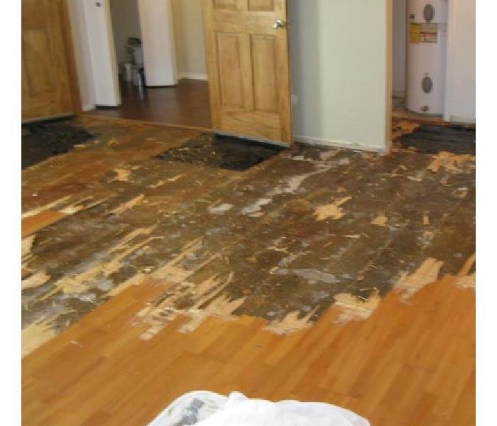 Photo of a large section of the floor where the wood planks have been removed.  Very messy.