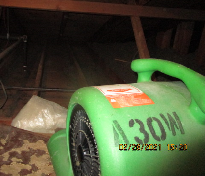 Air Mover fan sitting on a plywood deck floor in an attic